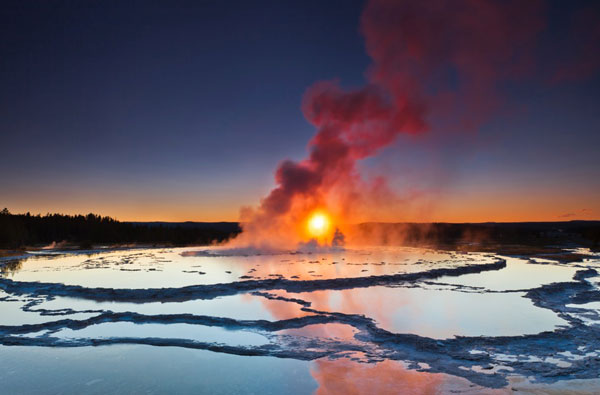 Great Fountain Geyser at sunset.
