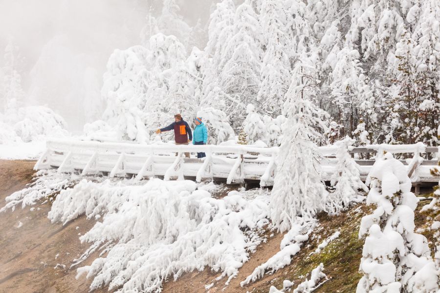 Enjoying views from a rime ice-covered boardwalk in Porcelain Ba