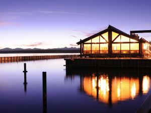 Grant Village Lake House Restaurant exterior view at sunset