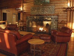 Lake Lodge lobby with fireplace