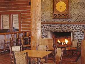 Lake Lodge lobby with fireplace