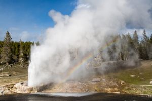 Riverside Geyser Erupting with Rainbow