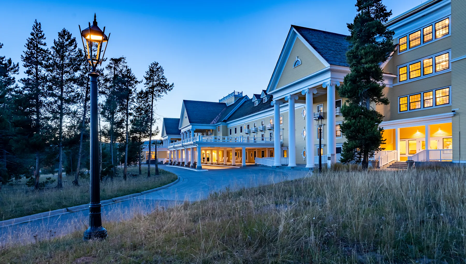 Exterior of Lake Yellowstone Hotel in the evening