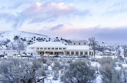 Mammoth Hot Springs Hotel exterior in winter